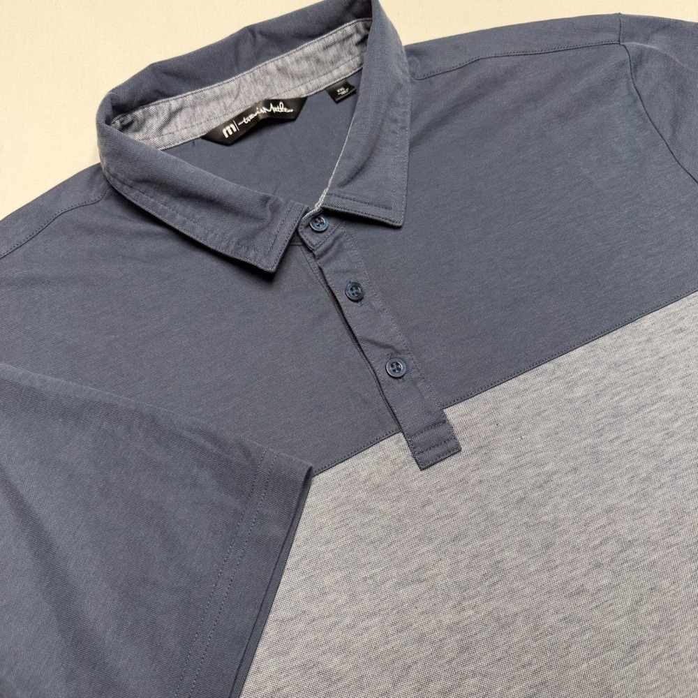 TravisMathew Mens XXL Polo Shirt Navy Blue Gray Colorblock Pima Cotton Blend